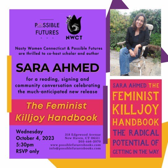 Sara Ahmed reading siging event with conversation. image shows author and activist sara ahmed